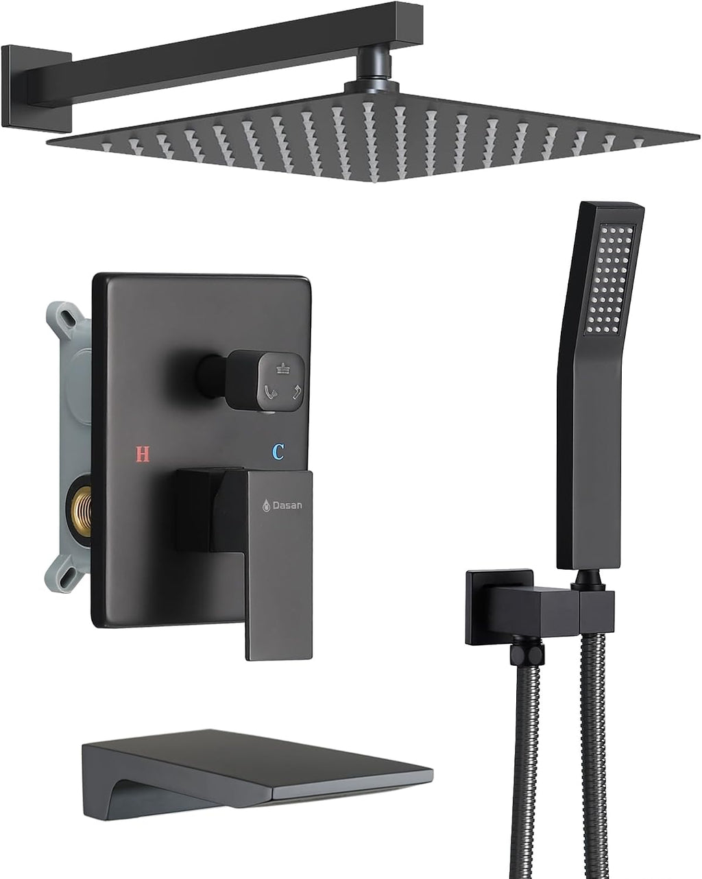 DASAN Tub Shower Faucets Sets Complete Matte Black Bathtub Shower System with Waterfall Tub Spout, Bathtub Faucet Set Tub and Shower Faucet Combo Trim Kit with Valve