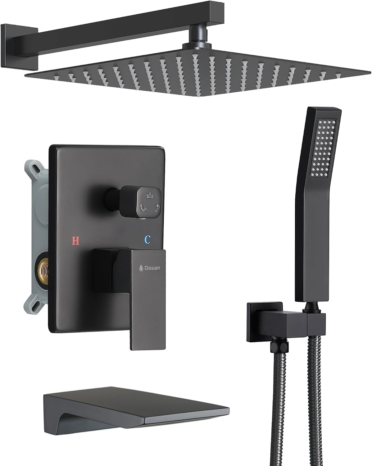 DASAN Tub Shower Faucets Sets Complete Matte Black Bathtub Shower System with Waterfall Tub Spout, Bathtub Faucet Set Tub and Shower Faucet Combo Trim Kit with Valve