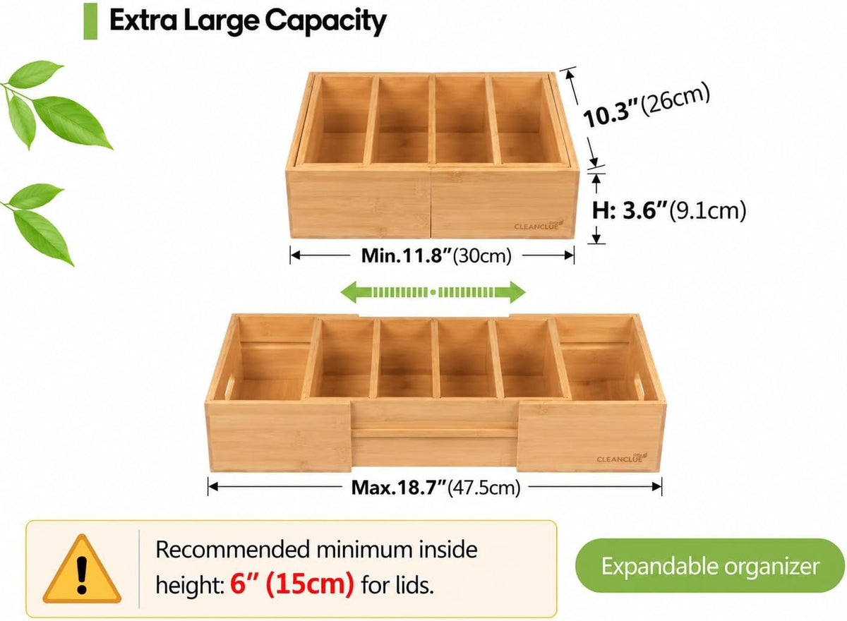Expandable Bamboo Kitchen Cabinet Organizer for Food Container Lids Holder