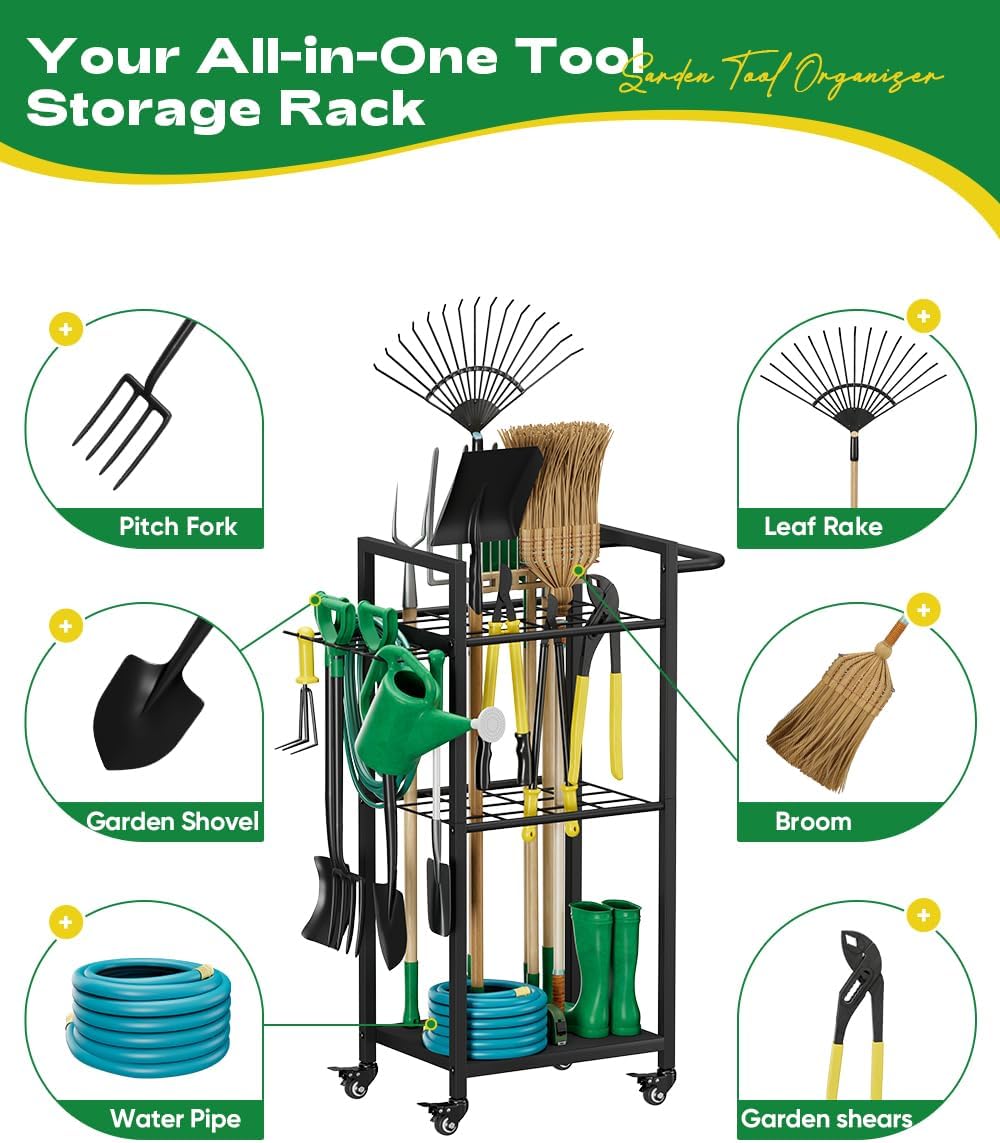 Garden Tool Organizer with Wheels, Yard Tower Rack, Black