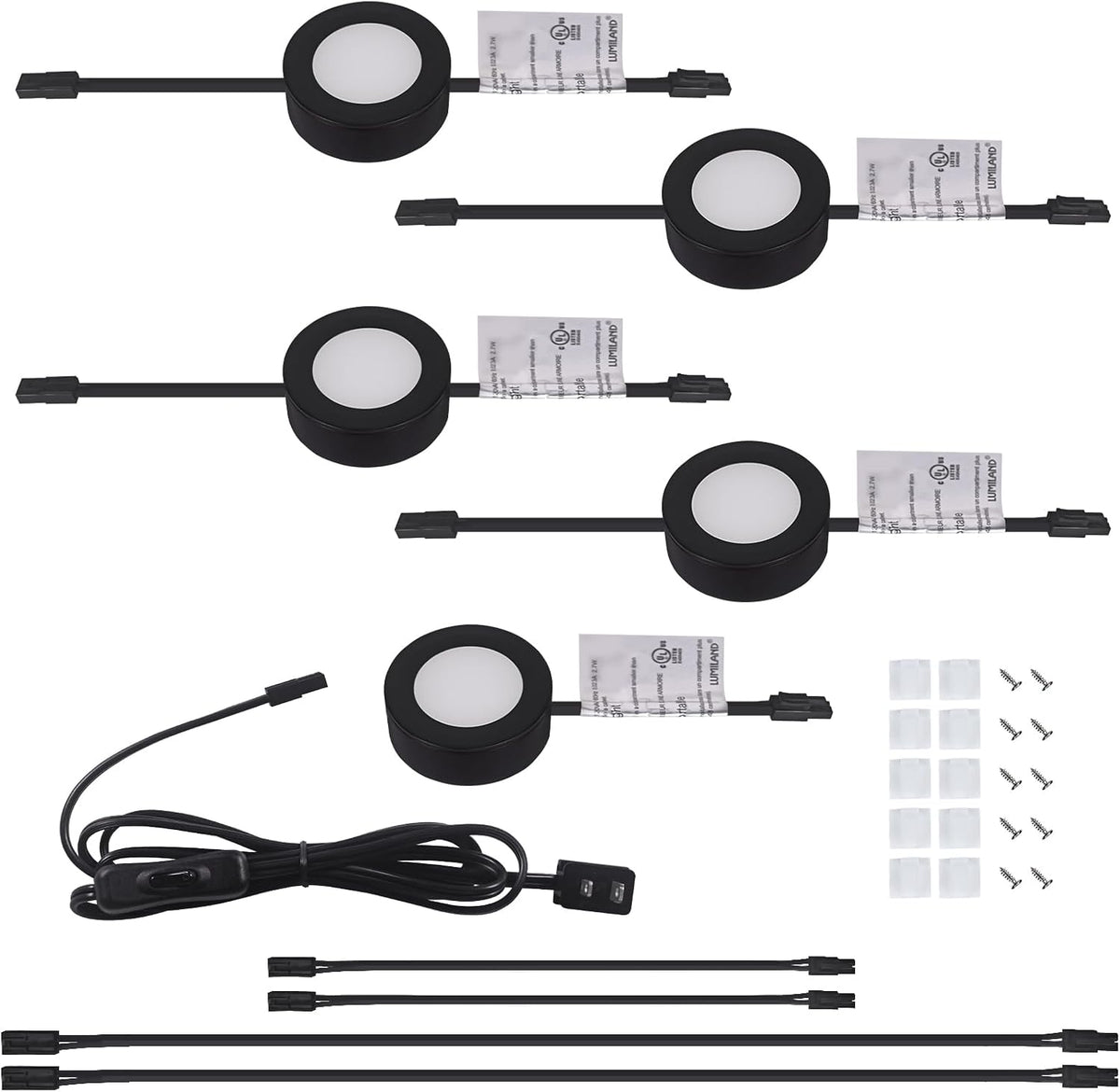 LUMILAND Wired LED Puck Lights 120V (2.7Wx5) Plug-in Lighting Warm White, LED Cabinet Light for Kitchen Can Be Surface Mount or Recess Mount, Black