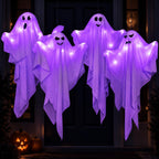 Kiddokids 4 Pack Halloween Hanging Ghost Decorations, 27.5'' Poseable White Ghosts with Bendable Arms for Front Porch, Yard Tree, Indoor Party and Haunted House Decor, Outdoor Entry Door Doorframe