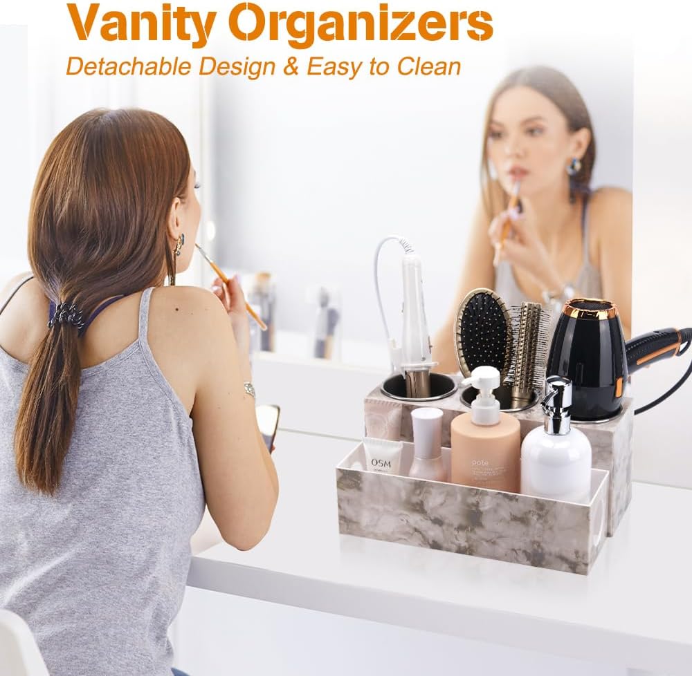 Hot Hair Styling Tool Organizer with 3 Stainless Steel Cups, Marble