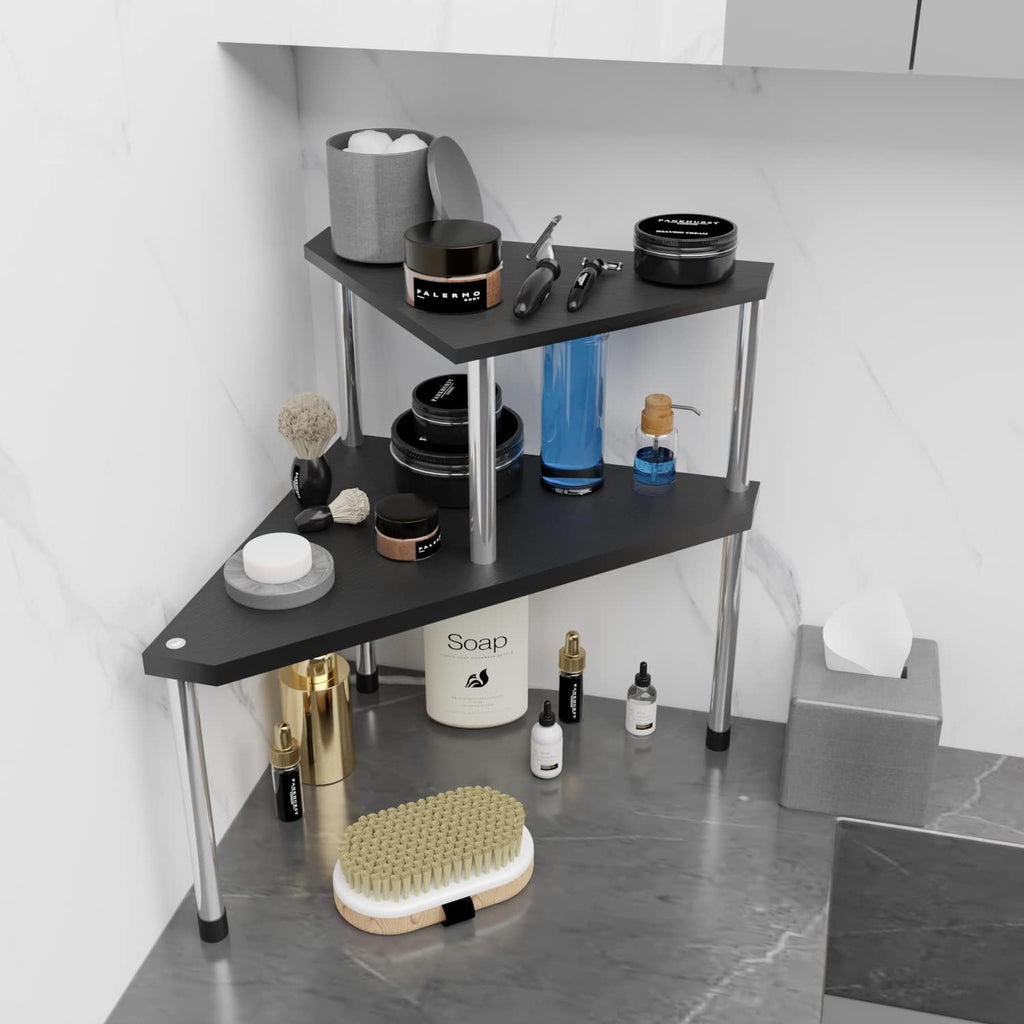 Weenson Bathroom Counter Organizer Over Sink for Toiletries, Makeup, Kitchen Countertop Organizer Spice Rack for Salt, 2-Tier Corner Counter Shelf for Coffee Area Storage Dresser Table(Black)