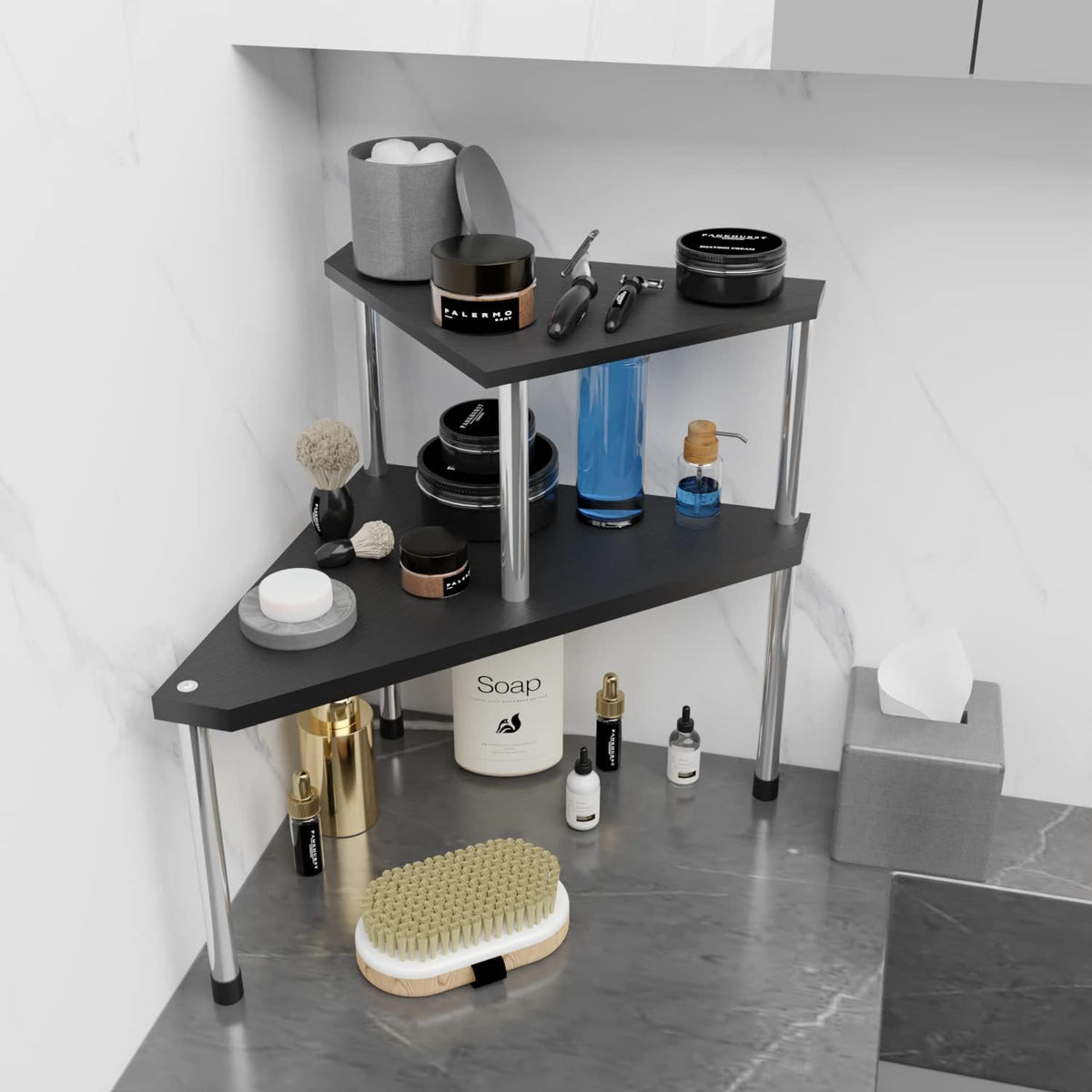 Weenson Bathroom Counter Organizer Over Sink for Toiletries, Makeup, Kitchen Countertop Organizer Spice Rack for Salt, 2-Tier Corner Counter Shelf for Coffee Area Storage Dresser Table(Black)