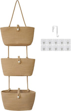 Over the Door Hanging Baskets with Button Strap, 3-Tier Woven Cotton Storage Organizer Bag, Wall-Mounted with Hook Decorative Hanging Kitchen Baskets - White