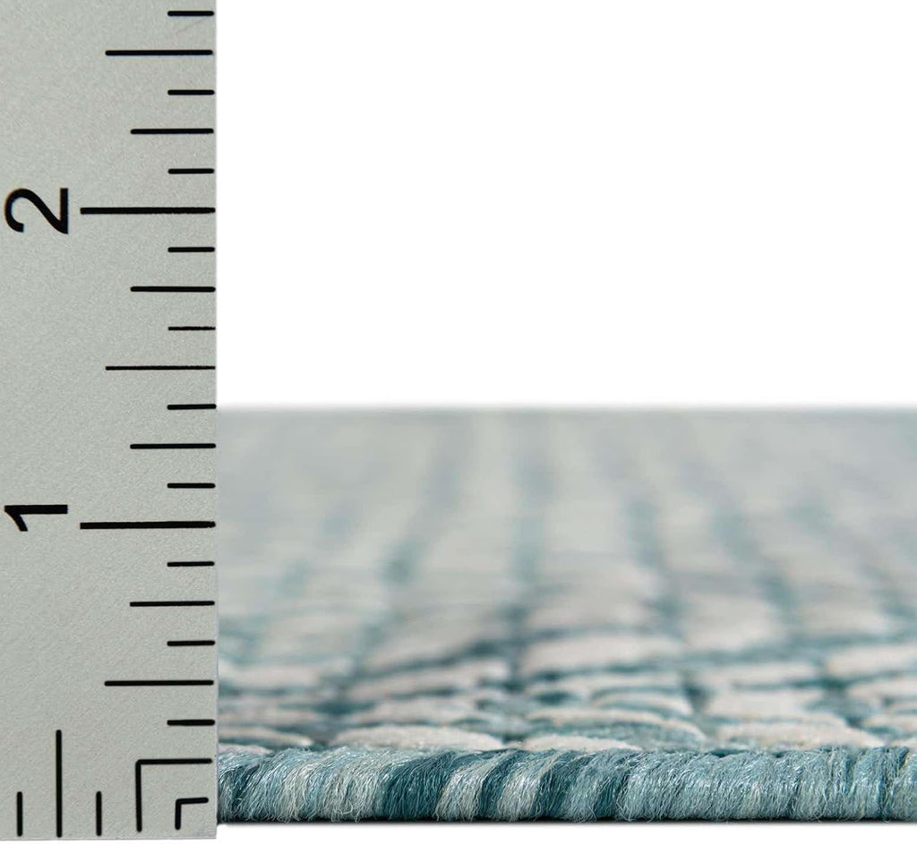 Unique Loom Outdoor Trellis Collection Area Rug - Deco Trellis (4' 1" Round, Aqua/ Ivory)