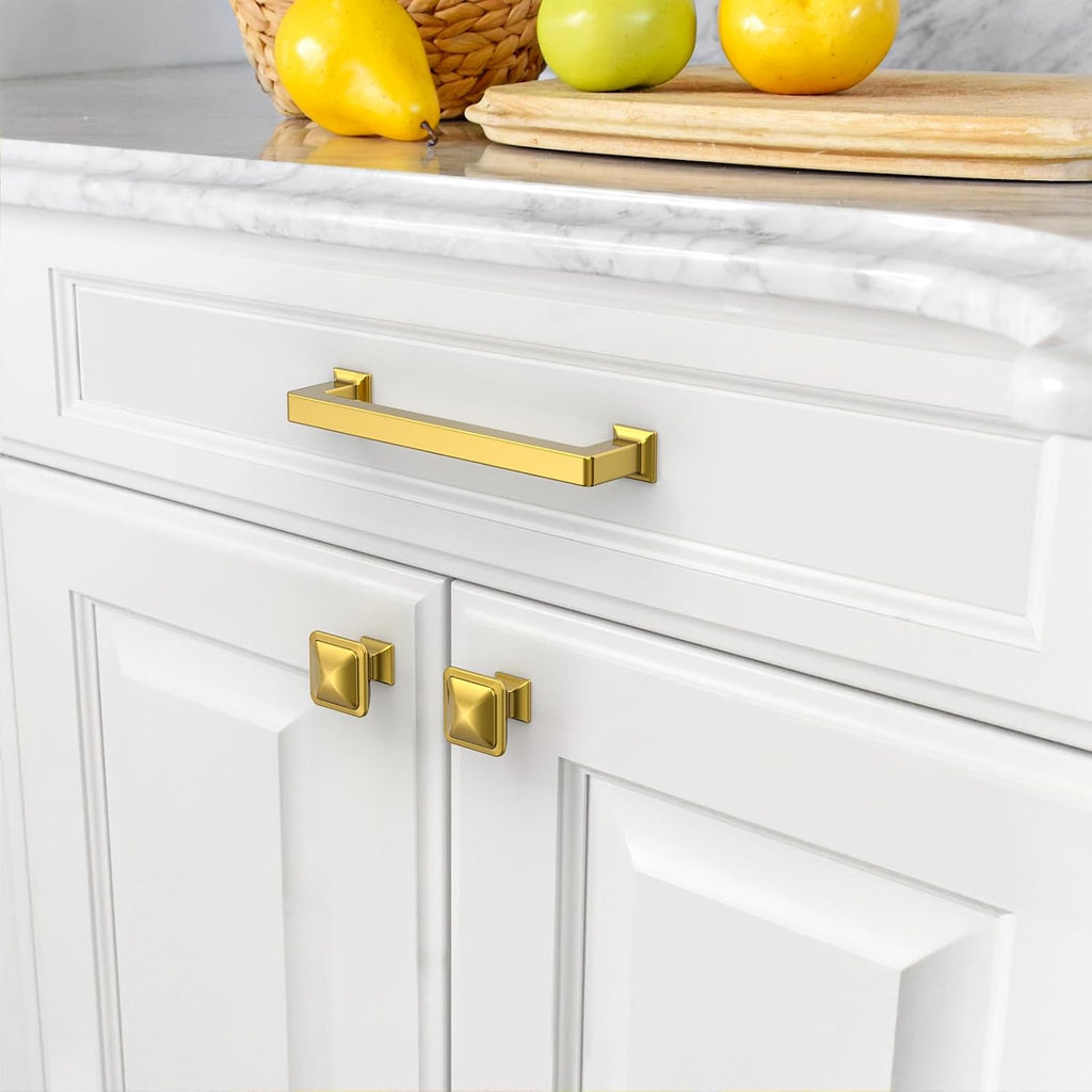 Amerdeco 10 Pack Heavy Duty Solid Zinc Alloy Vibrant Brushed Moderne Brass Cabinet Pulls 5" Hole Centers(128mm) Polished Brass Handles Suitable for Kitchen, Bathroom Drawers and Furniture Handles 3818
