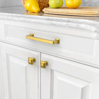 Amerdeco 10 Pack Heavy Duty Solid Zinc Alloy Vibrant Brushed Moderne Brass Cabinet Pulls 5" Hole Centers(128mm) Polished Brass Handles Suitable for Kitchen, Bathroom Drawers and Furniture Handles 3818