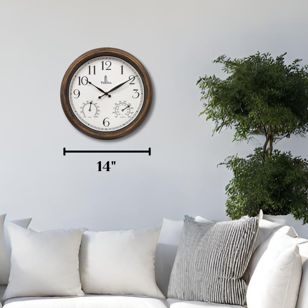 Outdoor Patio Clock - Waterproof Thermometer Combo, 14 Inch, Bronze