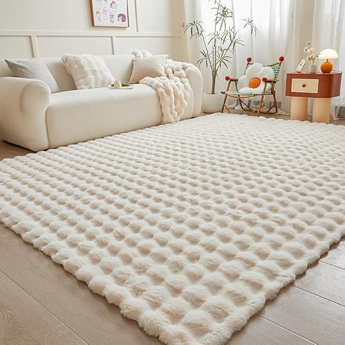 Creamy White Rabbit Plush Rug 8'x10', Fluffy Faux Fur Shaggy Area Rug - Image 2