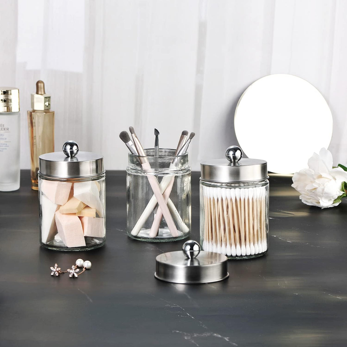 3PC Apothecary Jar Canisters Bathroom Vanity Organizer (Brushed Nickel)