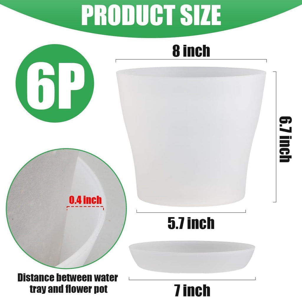 6 Pack 8 Inch Clear Nursery Plant Pots with Large Drainage Holes &Saucer