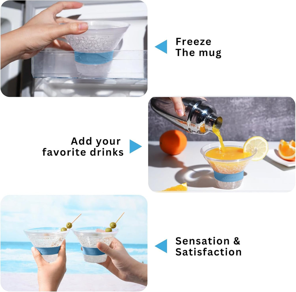 Martini Glasses, Plastic Reusable Insulated Freeze Martini Cooling Cups, Gel Chiller, Double Wall Stemless Martini Glasses Set of 2, 9 Oz Capacity, Martini Gifts, 2 Reusable Cocktail Straws