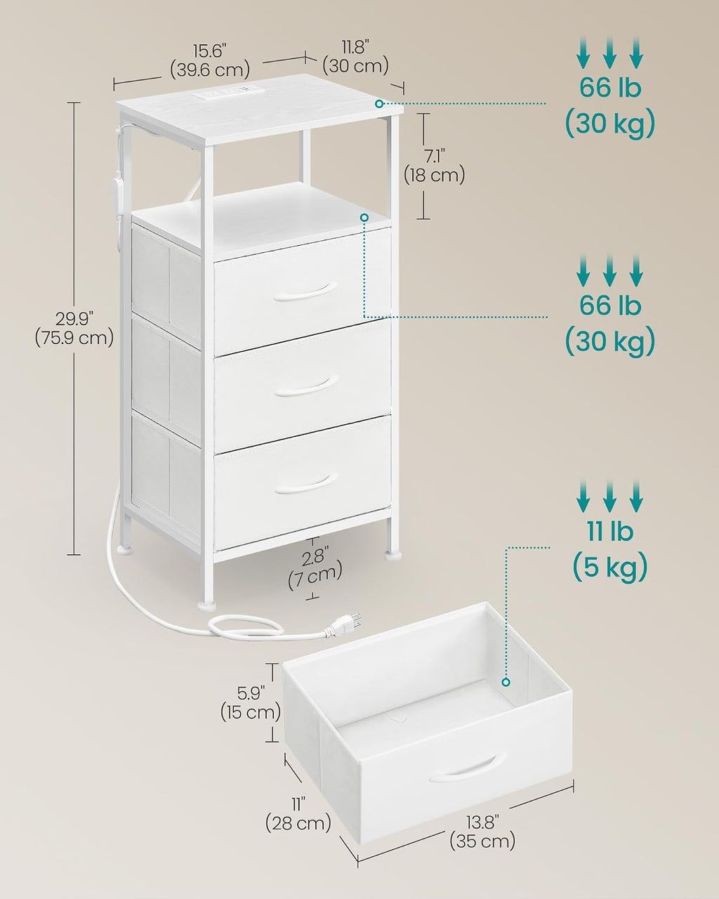 SONGMICS Nightstand with Charging Station, 3 Fabric Drawers