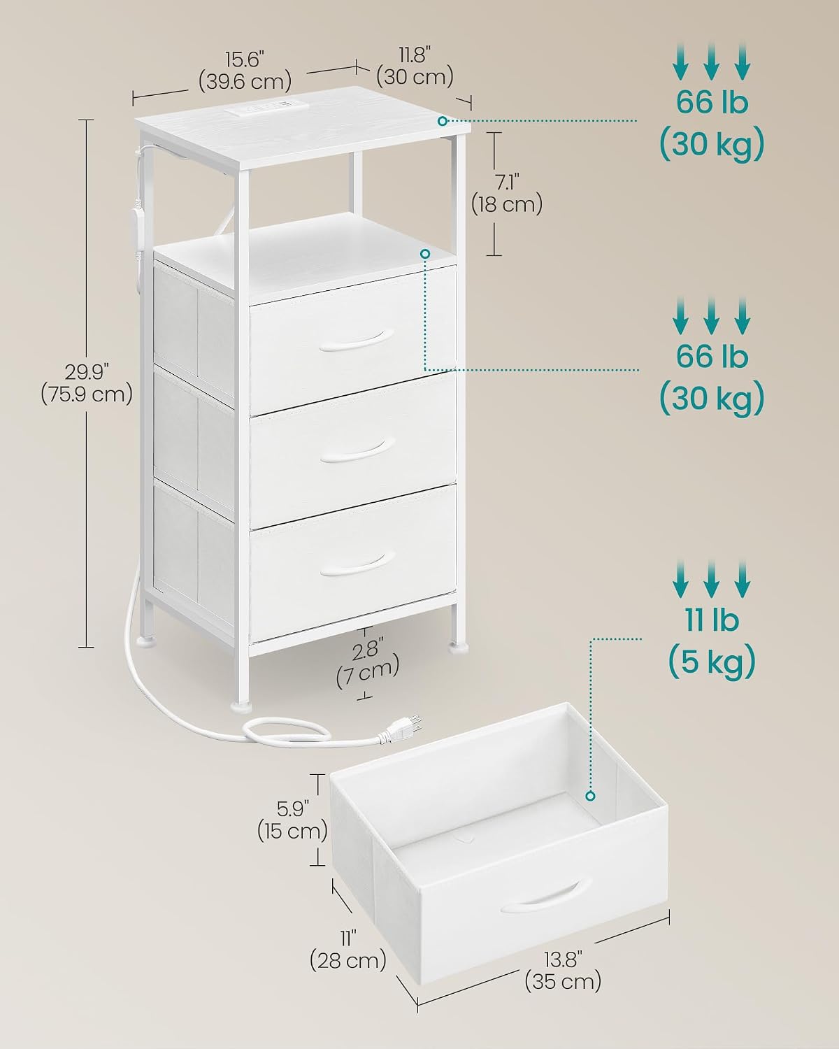 SONGMICS Nightstand with Charging Station, 3 Fabric Drawers