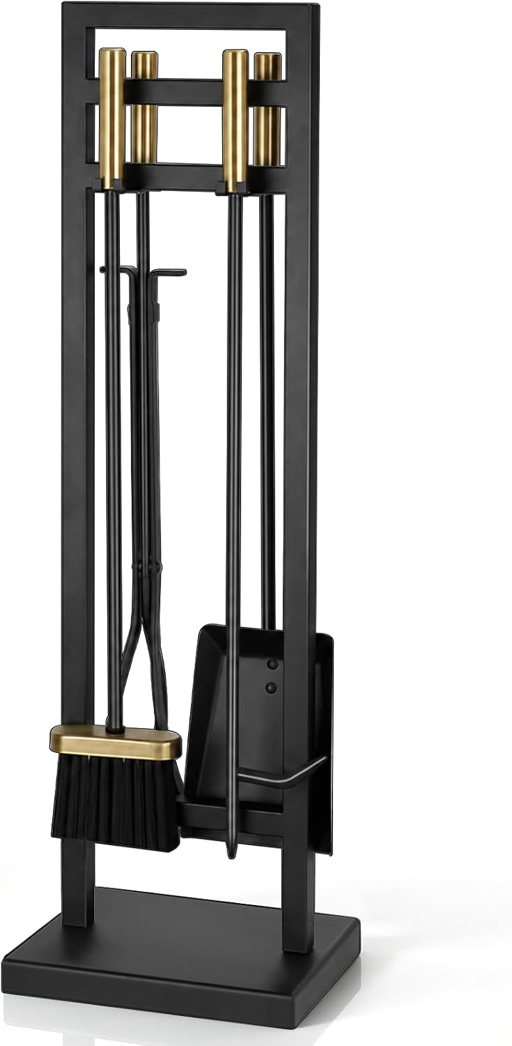 5-Piece Fireplace Tool Set, 30" One-Piece Stand, Antique Brass