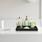 Designer Green Glass Bathroom Accessories Sets - 4 Pcs with Lotion Soap Dispenser, Bathroom Toothbrush Holder, Vanity Tray, and Apothecary Jar, Vintage Bathroom Decor