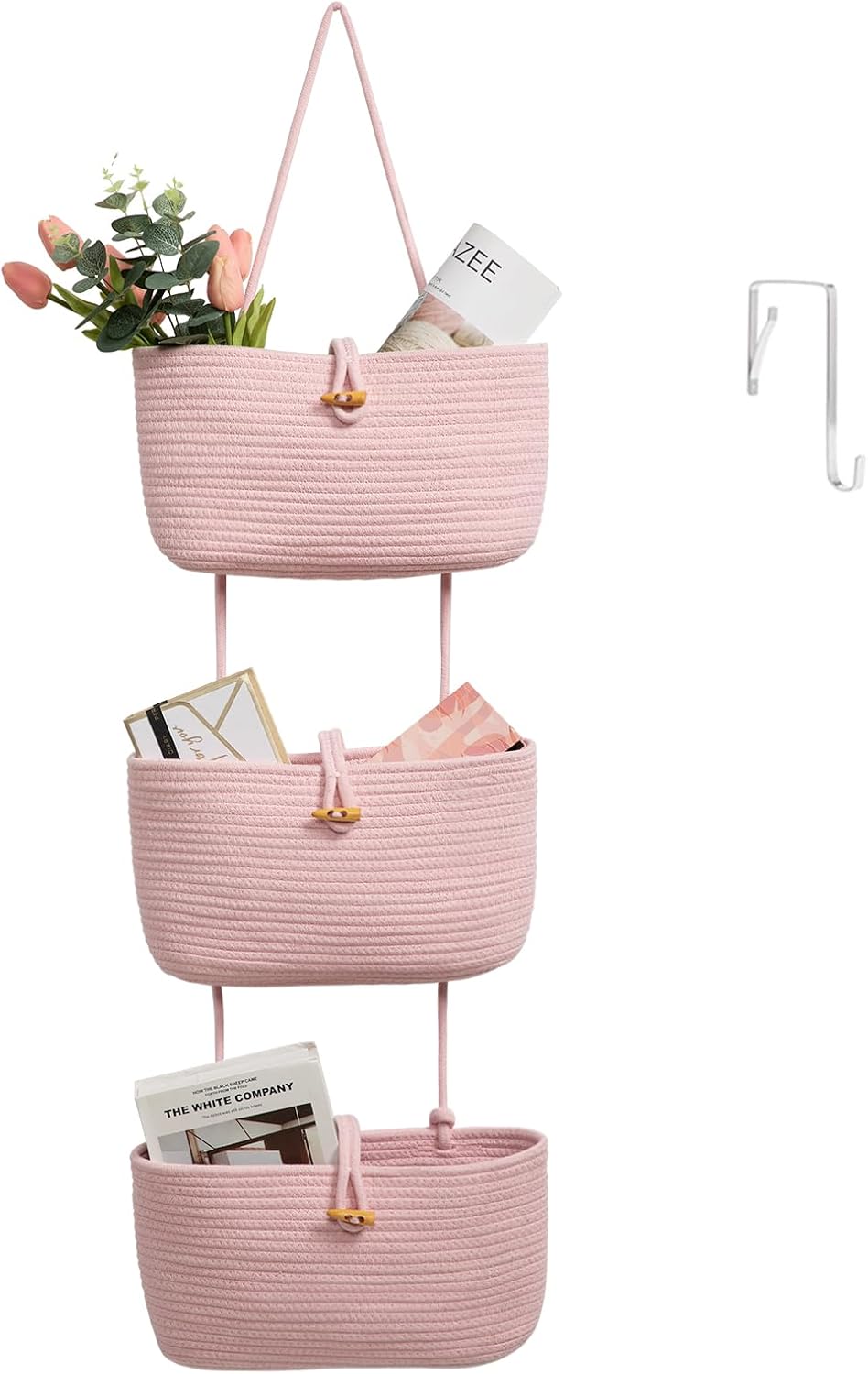3-Tier Cotton Rope Baskets with Tassels Over the Door Wall Hanging Baskets for Nursery, Living Room, Bathroom, Door Storage Organizer for Decoration Jute&White
