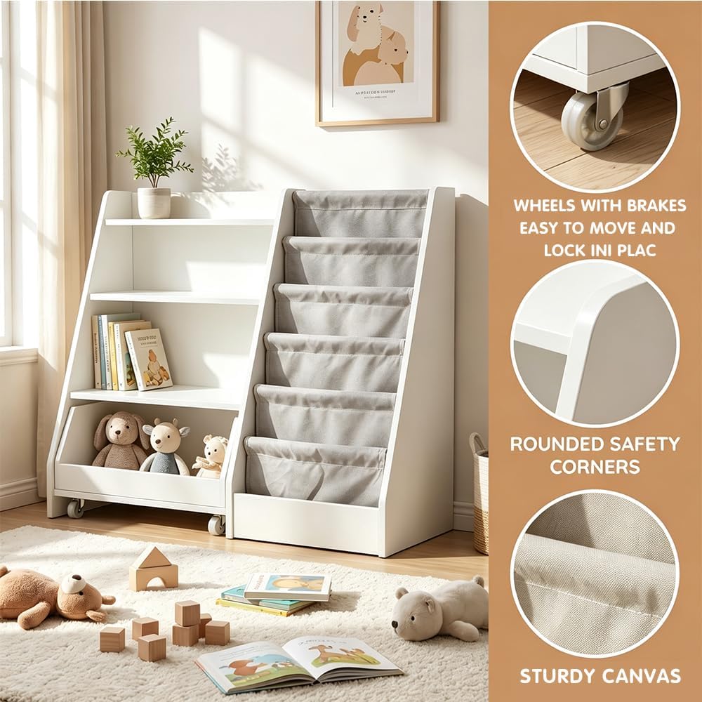 Kids Bookshelf and Toy Storage - Wooden Toddler Book Shelf with Drawer