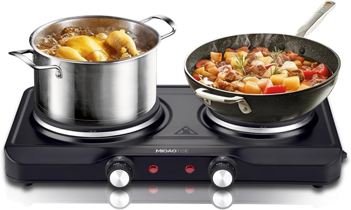 Countertop Double Cast Iron Burner 1800 Watts Electric Hot Plate with Adjustable Temperature 6.1" Cooktop for Dorm, Office, Home, Camp, Compatible for All Cookwares