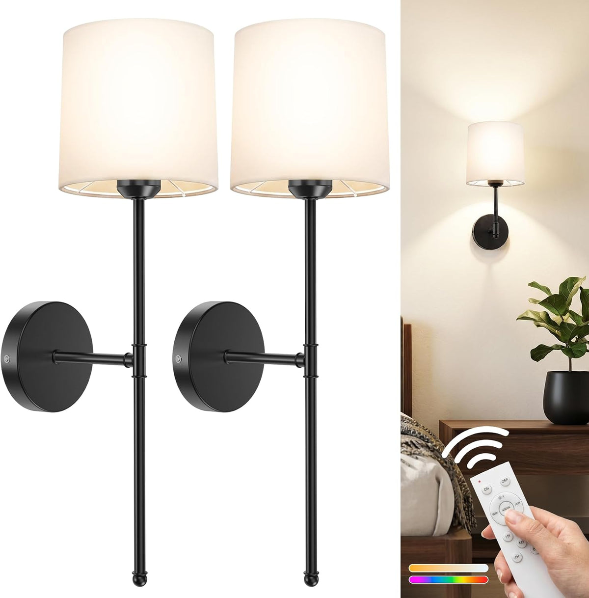 GBEAST Wall Sconces Set of 2, Black Rechargeable Wall Sconce with Magnetic Bulb and Remote, Dimmable Wall Lights with RGB & Timer, Fabric LED Lamps for Bedroom Living Room Fireplace Hallway Decor