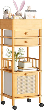 Bamboo Makeup Organizer Cart with 3 Drawers, Floor Skin Care Storage for Bathroom Bedroom, Rolling Vanity Organizer Cart for Cosmetic, Nail Polish, Perfume and Hair Tools