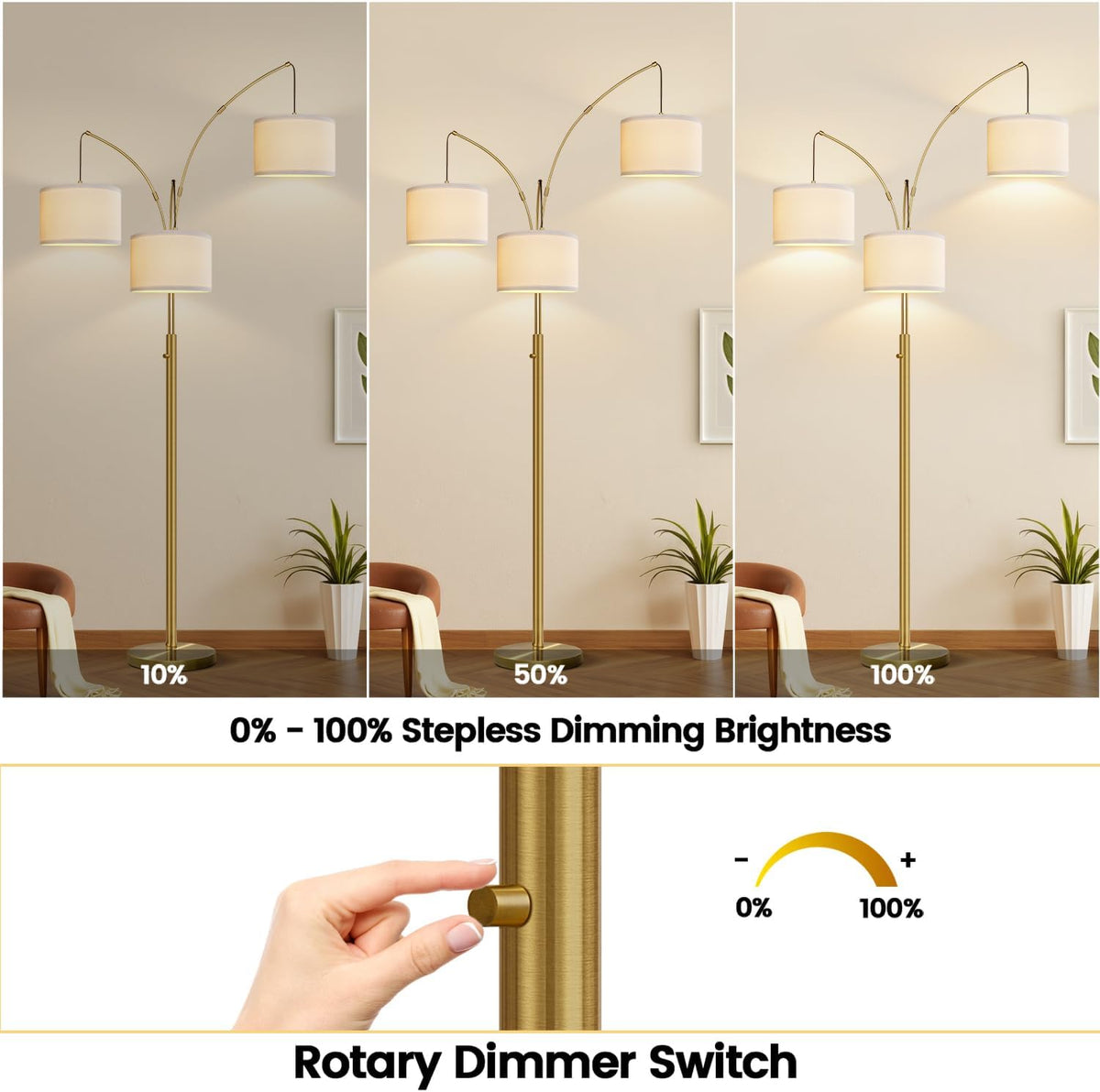 Nintiue Dimmable Floor Lamp - 3 Lights Brass Arc Floor Lamps for Living Room, 1000LM Modern Tall Standing Lamp with Linen Shades, Mid Century Tree Floor Lamp for Bedroom Office, 3 LED Bulbs Included