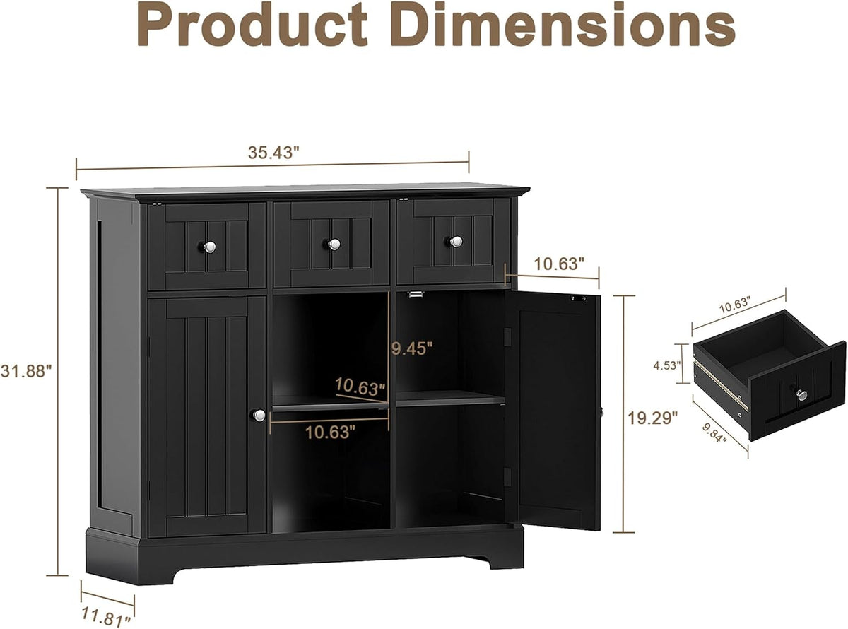 ChooChoo 35.4" Coffee Bar Cabinet with 3 Drawers and 2 Doors, Black