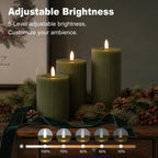 LEDHOLYT Rechargeable Ribbed Fluted Real Wax LED Flameless Candles with Remote and Timer, Flickering Fake Flame Candles for Festival Wedding Home Party Decor(Olive Green)