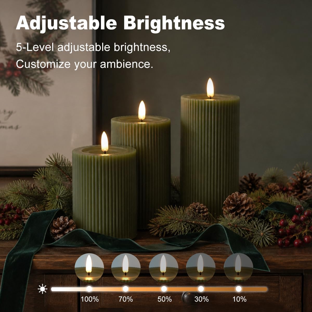 LEDHOLYT Rechargeable Ribbed Fluted Real Wax LED Flameless Candles with Remote and Timer, Flickering Fake Flame Candles for Festival Wedding Home Party Decor(Olive Green)