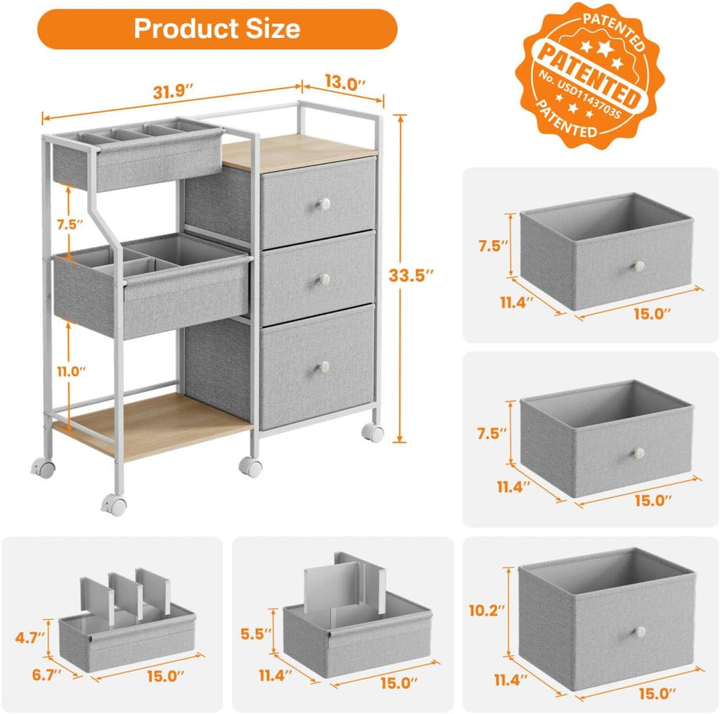 Baby Diaper Caddy Organizer Rolling Cart with Drawers, Light Gray