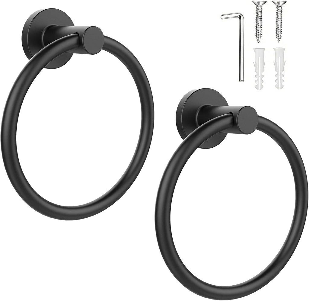 SetSail Towel Holder for Bathroom Wall Matte Black Towel Ring, 2 Pack