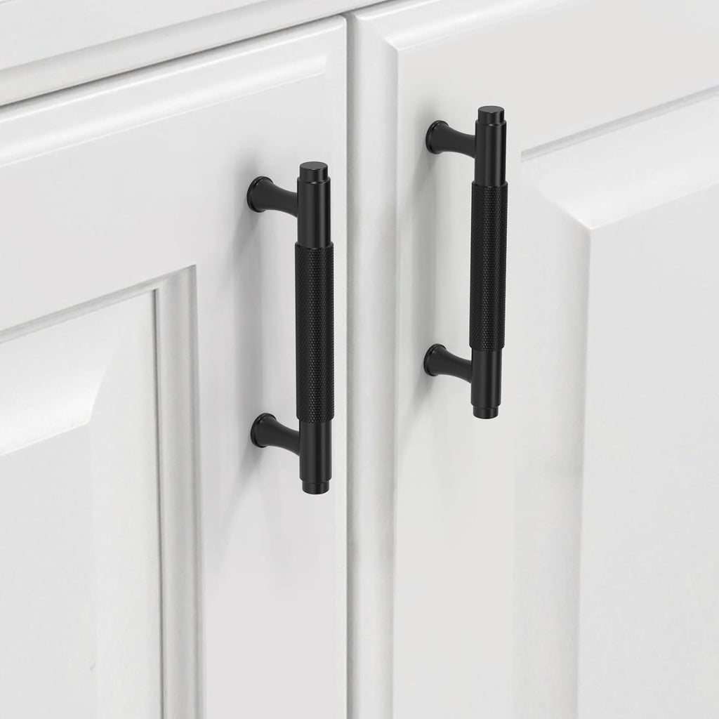 9BUILD 10 Pack Knurled Cabinet Pulls 3.75 Inch Matte Black Kitchen Cabinet Handles Black Cabinet Hardware Kitchen Handles for Cabinets Brass Drawer Pulls T Bar Drawer Handle