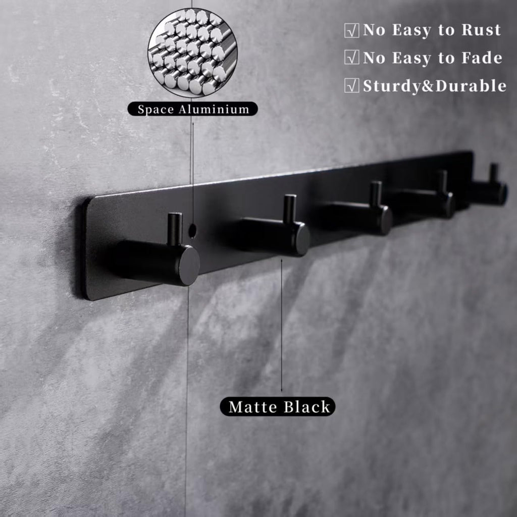 Black Wall Hooks, Matte Black Bathroom Hook Rail, Self Adhesive 5 Hooks Key Hook Rack Hanger Towel Robe Stick Hooks for Toilet Entryway Hallway Kitchen Wall Mounted