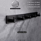 Black Wall Hooks, Matte Black Bathroom Hook Rail, Self Adhesive 5 Hooks Key Hook Rack Hanger Towel Robe Stick Hooks for Toilet Entryway Hallway Kitchen Wall Mounted
