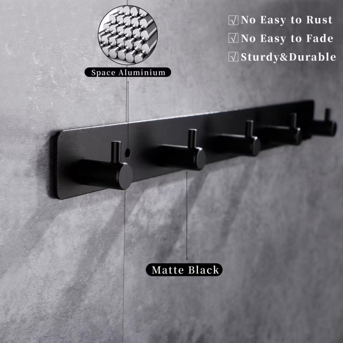 Black Wall Hooks, Matte Black Bathroom Hook Rail, Self Adhesive 5 Hooks Key Hook Rack Hanger Towel Robe Stick Hooks for Toilet Entryway Hallway Kitchen Wall Mounted
