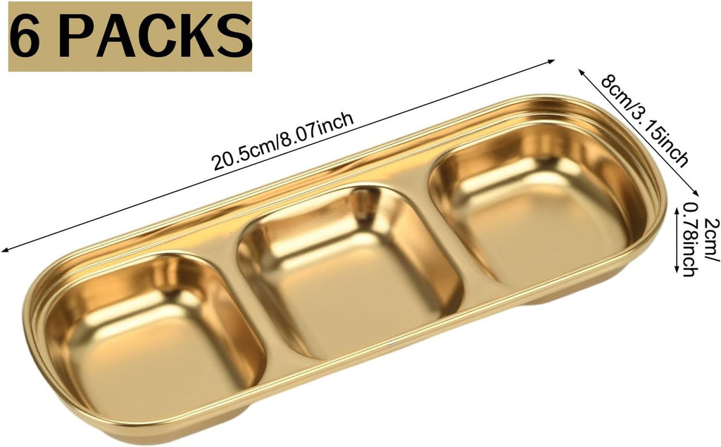 6 Pcs Soy Sauce Dish, Divided Dip Bowls with 3 Compartment, Seasoning Dipping Sauce Plate, Stainless Steel Serving Tray (Golden)