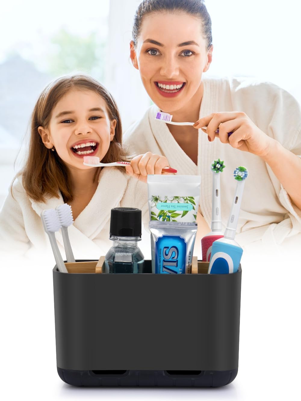 Black Toothbrush Holder with Drainage, Bathroom Organizer, Large