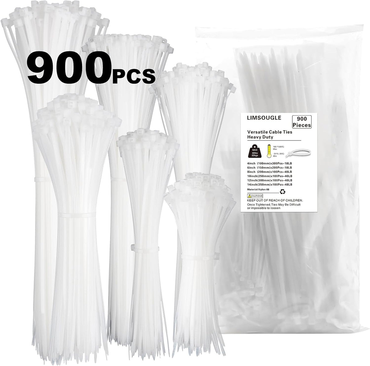Zip Ties Assorted Sizes(14+12+10+8+6+4 Inch), 900 Pcs Black zip Ties for Home, Office, Garden, Workshop, Multi-Purpose Wire Management Cable Tie Wraps by Limsougle.