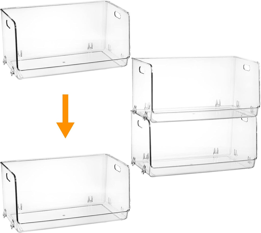 Nicunom 2 Pack Stackable Plastic Storage Bins Open Front, Clear Pantry Organizer Bin Household Food Storage Bin for Kitchen Countertops Cabinet Shelf