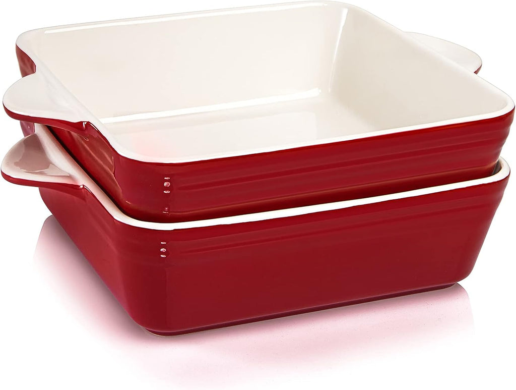 AVLA 2 Pack Porcelain Baking Dish, Square 8.7 Inch Brownie Dish Lasagna Pan Roasted Meat Bakeware Set for Kitchen, 75 OZ Casserole Dish with Double Handle, Vintage Red