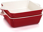 AVLA 2 Pack Porcelain Baking Dish, Square 8.7 Inch Brownie Dish Lasagna Pan Roasted Meat Bakeware Set for Kitchen, 75 OZ Casserole Dish with Double Handle, Vintage Red