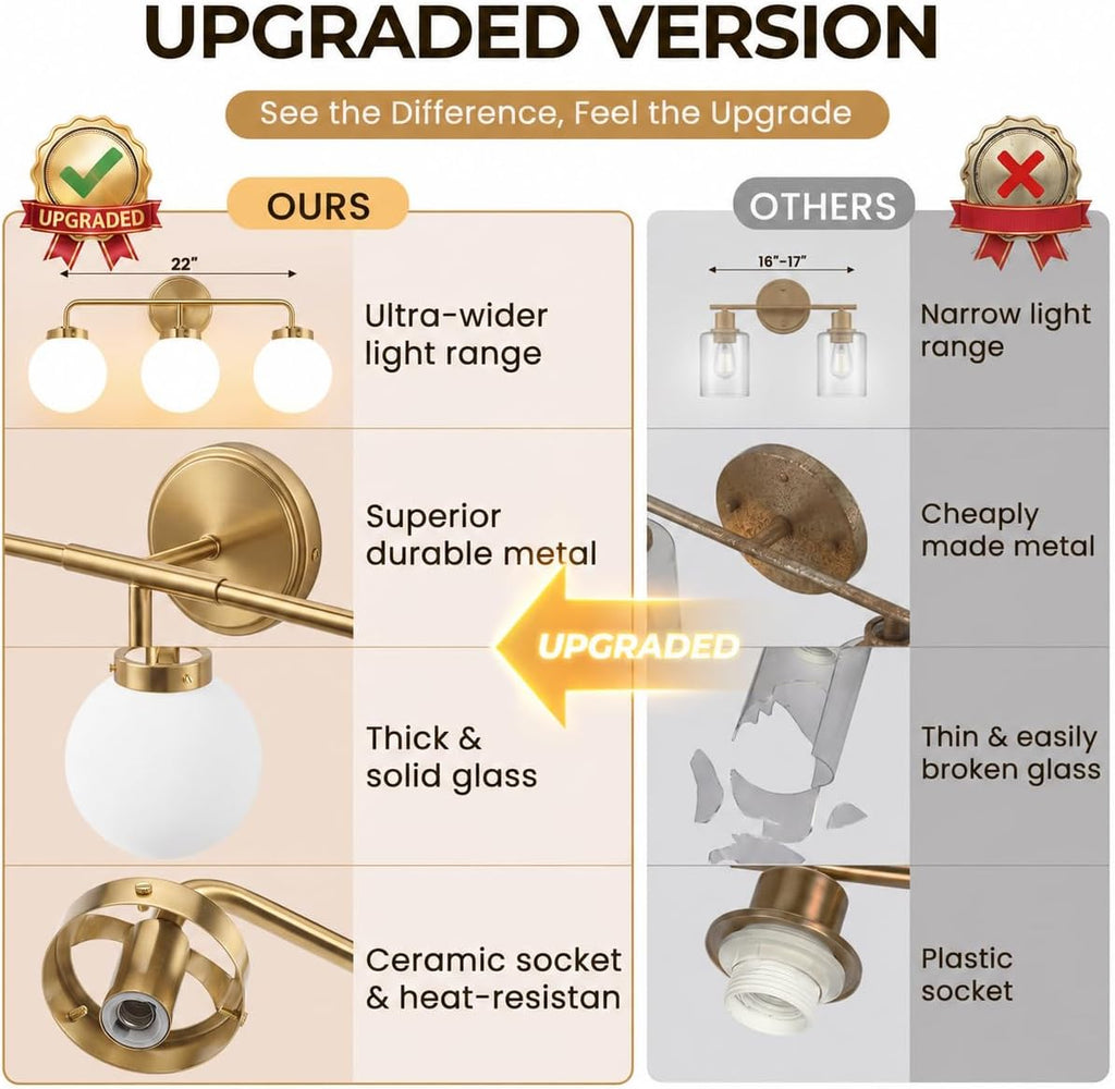 Modern Brushed Gold Vanity Lights for Bathroom, Mid Century 3 Light Bathroom Vanity Light with Globe Milky White Glass Shade Over Mirror, Brass Wall Sconce for Bathroom Hallway Living Room Bedroom