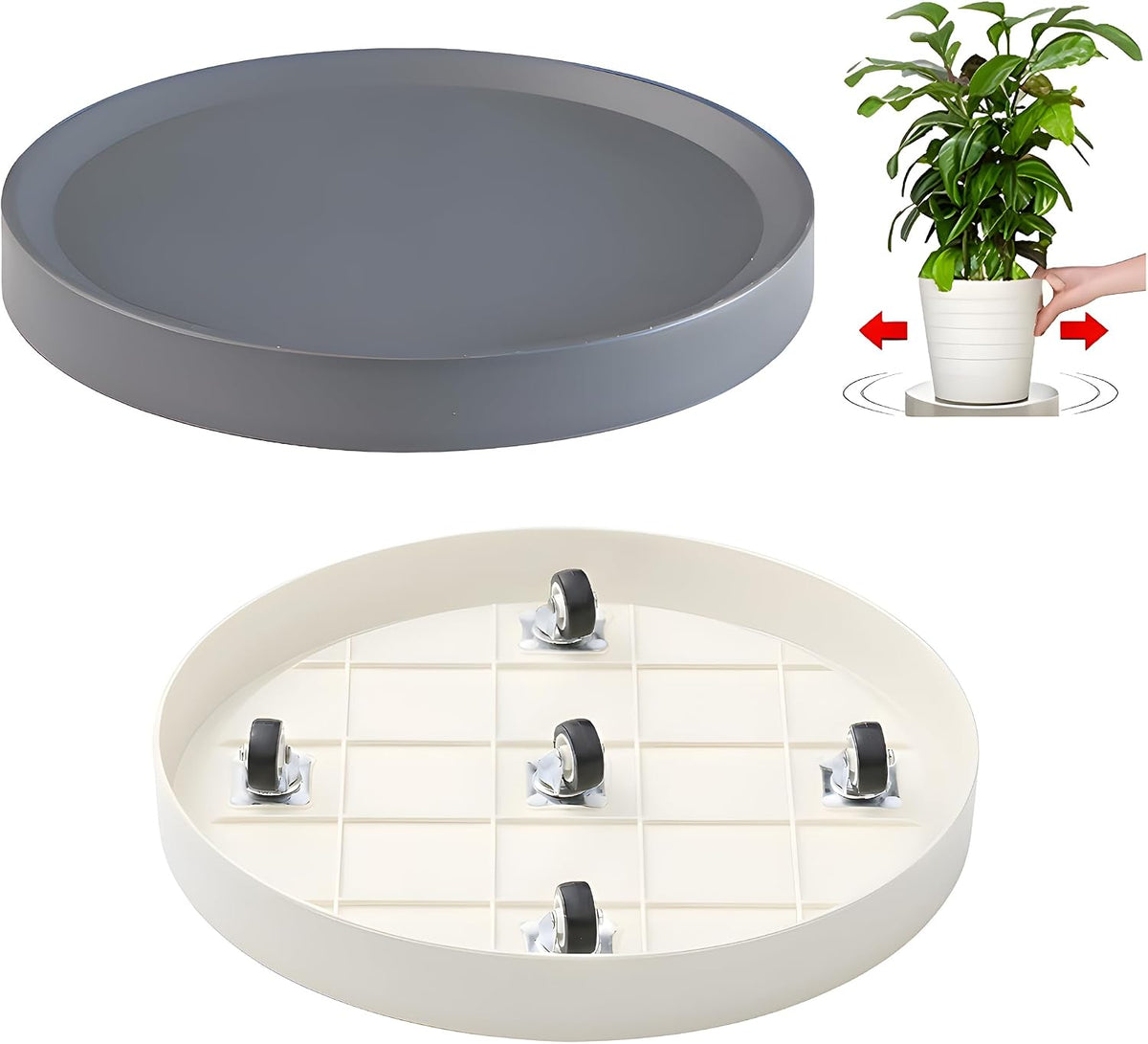 12.4" Plant Caddy with Hidden Wheels,2Pack Round Gray+Light Gray