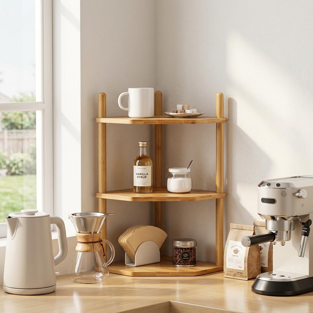 2Pc 3‑Tier Bamboo Corner Shelf, Countertop Storage Organizer,Natural
