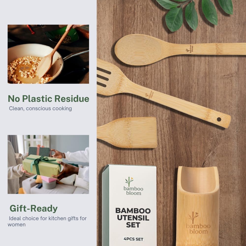 Bamboo Kitchen Utensils Set with Holder, 4-Pieces Wooden Cooking Utensils for Nonstick Cookware, Natural Bamboo Spoons & Spatulas, Comfortable Grip, Kitchen Essentials (4 Pieces + Holder)