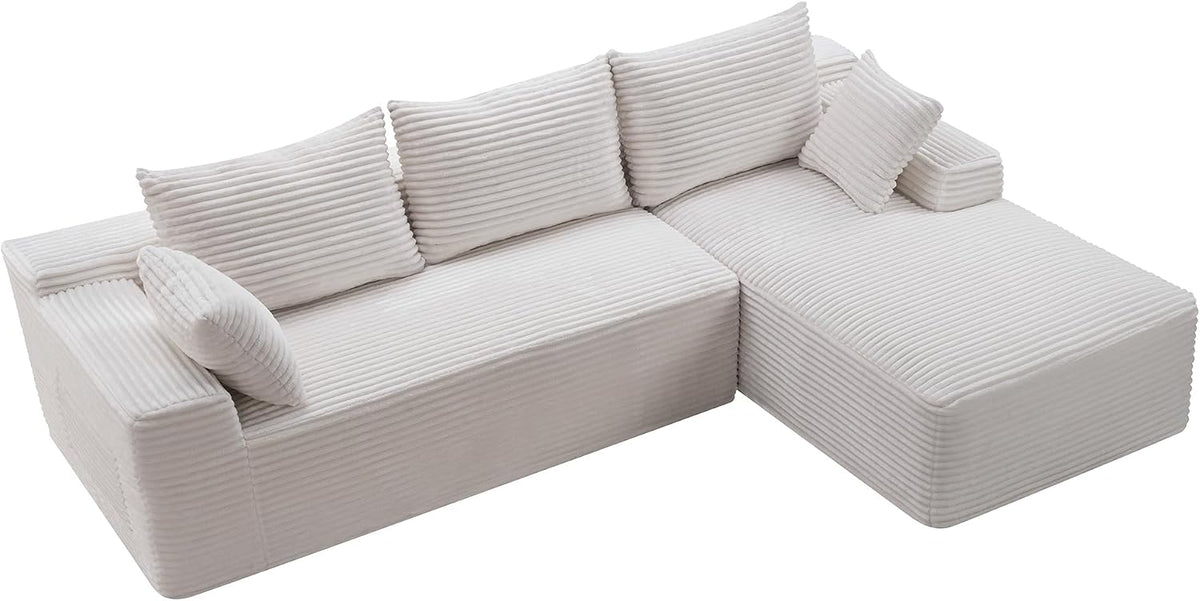 95" L-Shaped Right Facing Cloud Sectional Couch for Living Room, Modular Compressed Boneless Sectional Sofa Corduroy Boneless Corner Foam Sofa W/Chaise Lounge and Pillows