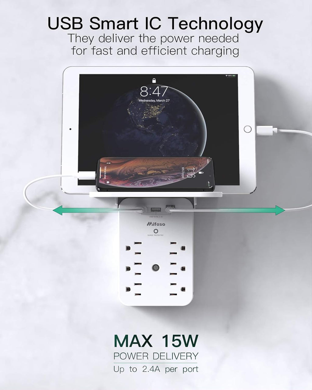 Wall Outlet Extender with Surge Protector, 6 AC Outlets, with Shelf