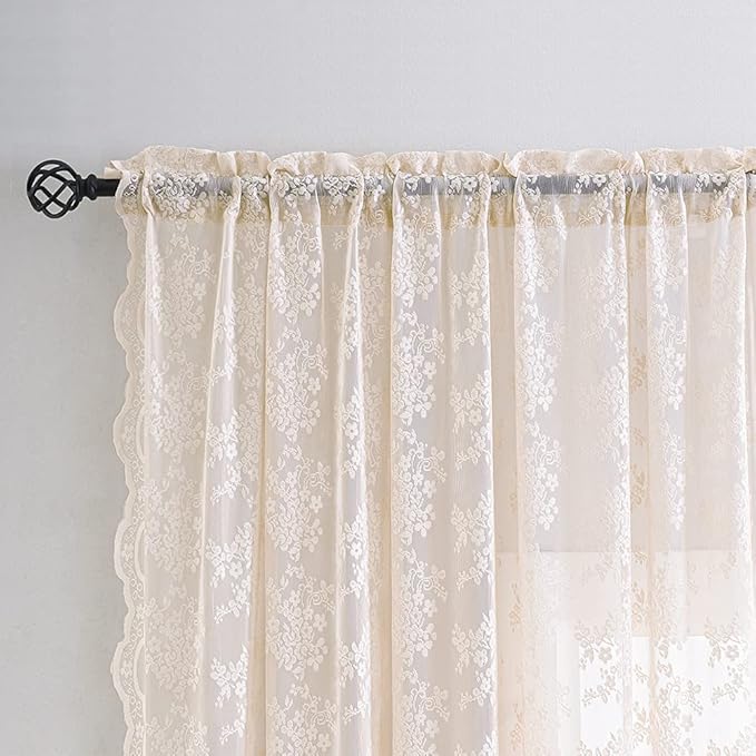 YJ YANJUN Vintage Lace Curtains 96 Inches Long-Victorian Floral Pattern Dusty - Image 2
